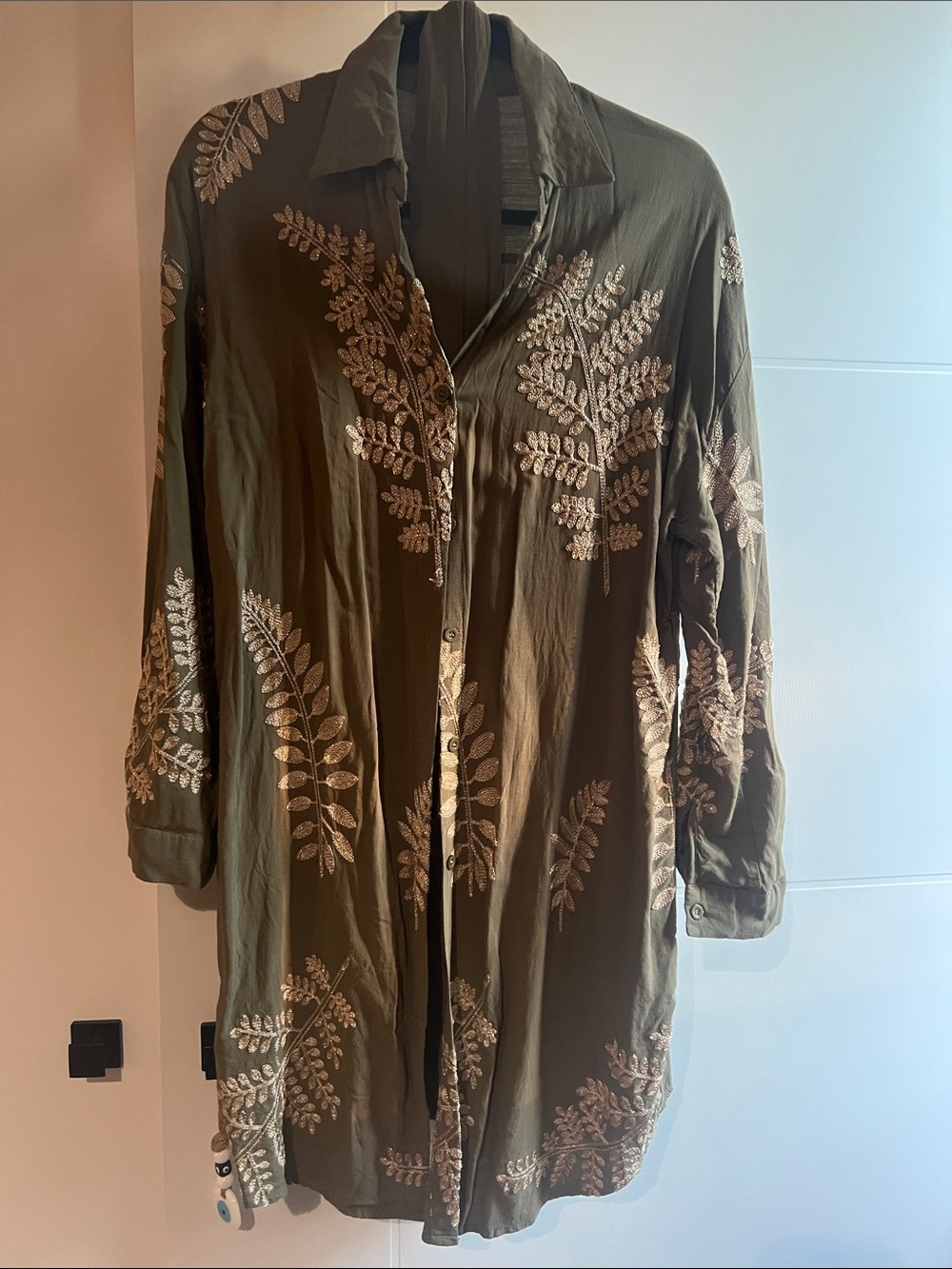 Olive Green Embroidered Button-Front Tunic